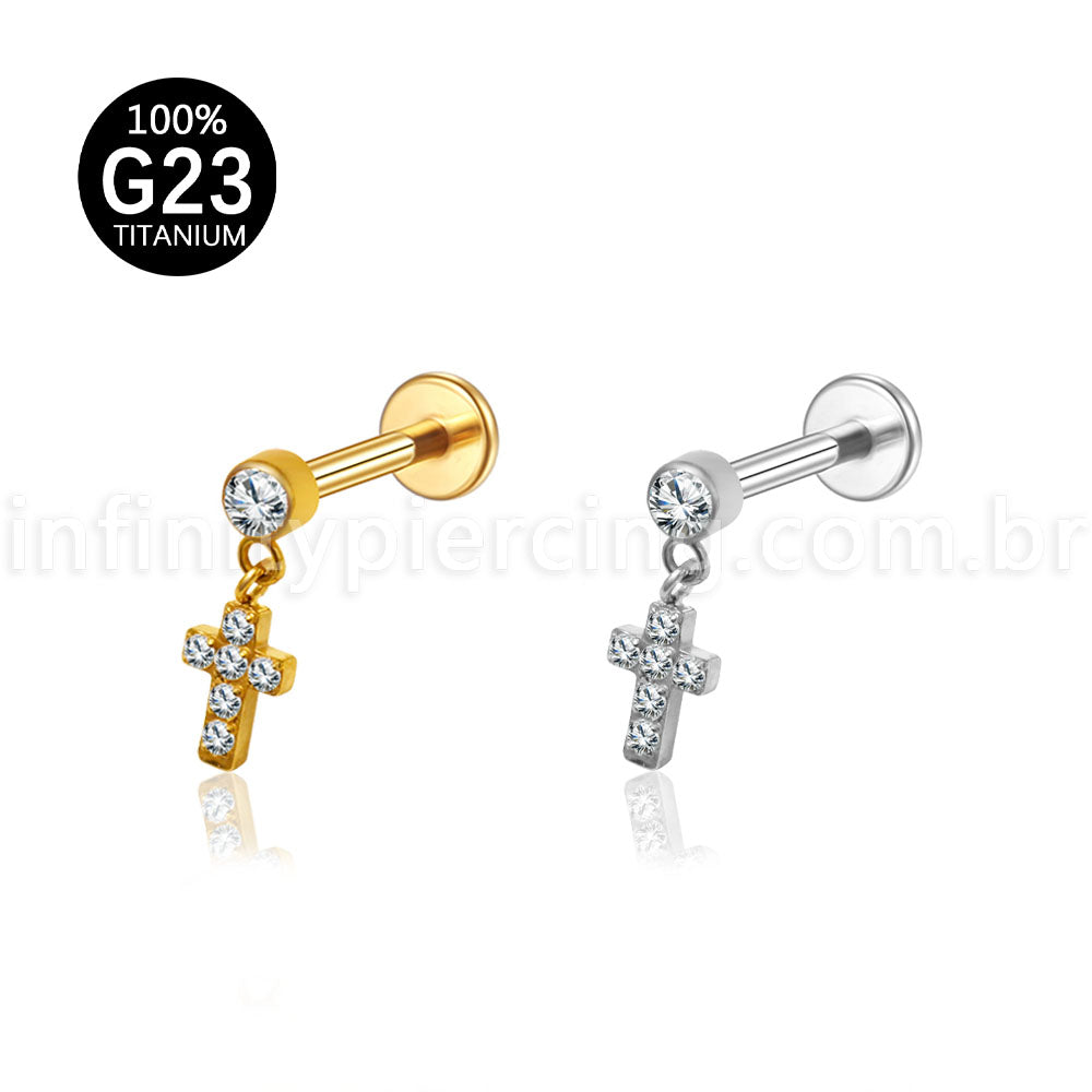 Piercing Labret Titânio Pingente Cruz Cravejada